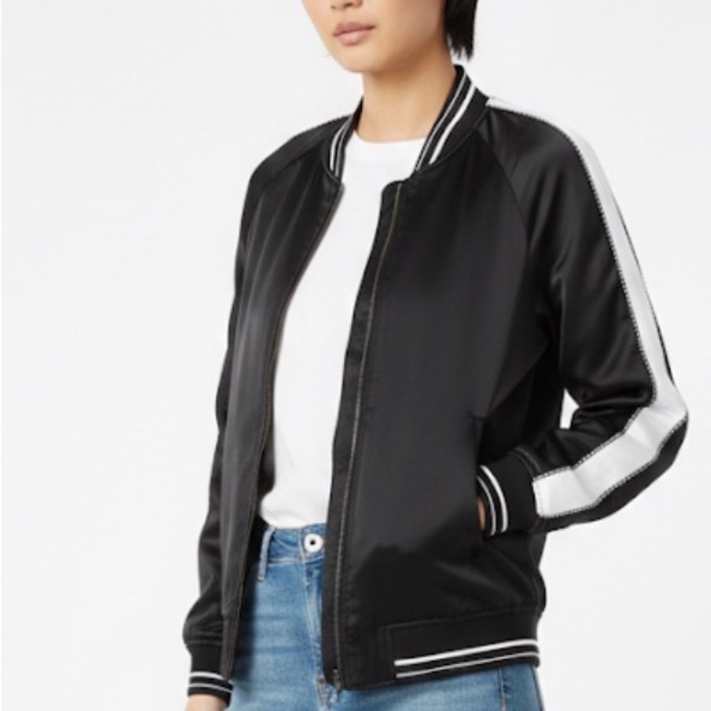Vtg. American Eagle 90s Black White Satin Finish Zip Up Bomber Jacket Size Large - Picture 2 of 13